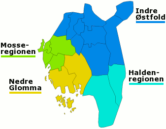 Plaatje van kaartje met districten in provincie stfold in Noorwegen