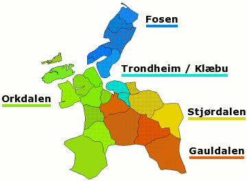 Plaatje van kaartje met districten in provincie Sr-Trndelag in Noorwegen