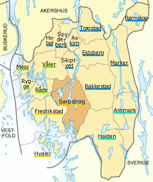 Plaatje van kaartje met gemeentes in provincie stfold in Noorwegen