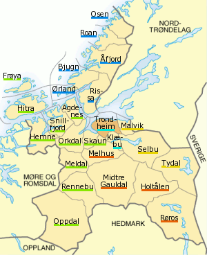 Plaatje van kaartje met gemeentes in provincie Sr-Trndelag in Noorwegen